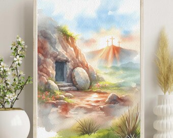 Easter Morning Watercolor Print: Empty Tomb, Resurrection Art (Digital Download)