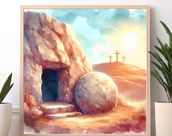 Easter Morning Watercolor Digital Download, Artwork for Church Empty Tomb Jesus is Risen, Easter PNG, Watercolor Wall Art for Holy Week