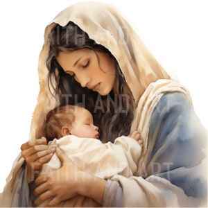 MARIA e GESÙ acquerello grafica clipart png jpg Natale natività, opera d'arte cattolica, arte murale LDS, arte su tela di Gesù bambino, dipinto di Gesù