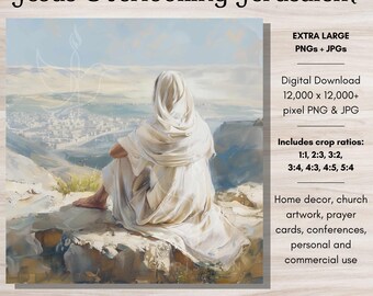 Jésus surplombant Jérusalem, oeuvre d'art numérique de la semaine sainte, téléchargement numérique chrétien, art mural Jésus-Christ LDS, conception d'inspiration catholique