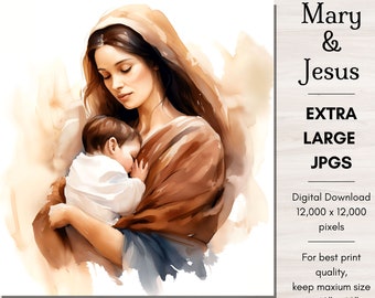 Mary & Jesus Digital Download Watercolor, Christian Art Blessed Mother Virgin Mary Baby Jesus Holy Family Jesus artwork LDS art Catholic Art