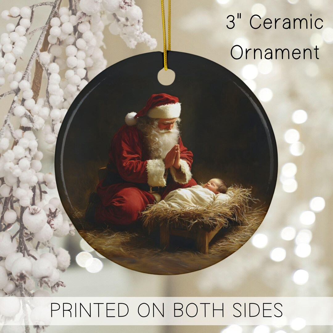 Santa Claus Praying to Jesus Christ Ceramic Ornament, Christian Christmas Santa Prayer Worship ...