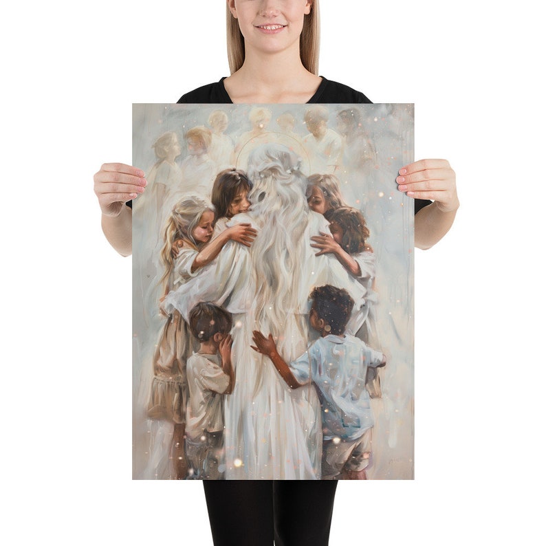 May include: A print depicting a figure in white robes surrounded by children. The children are embracing the figure, with soft lighting and a gentle color palette. The artwork evokes a sense of comfort and protection.