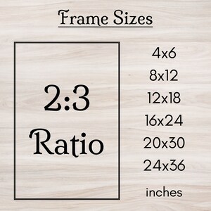 Może przedstawiać: Biały drewniany znak z czarnym tekstem, kt&oacute;ry brzmi "Frame Sizes" i listą rozmiar&oacute;w ramek w calach: 4x6, 8x12, 12x18, 16x24, 20x30, 24x36. Znak zawiera r&oacute;wnież biały prostokąt z czarnym tekstem, kt&oacute;ry brzmi "2:3 Ratio".