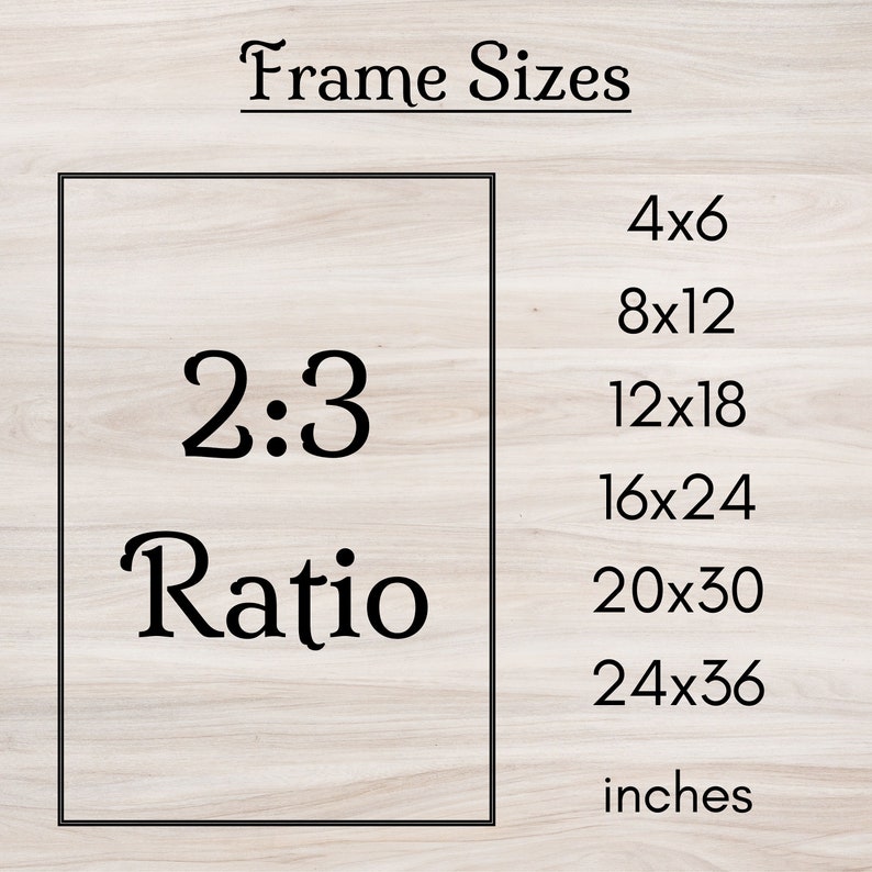 Może przedstawiać: Biały drewniany znak z czarnym tekstem, kt&oacute;ry brzmi "Frame Sizes" i listą rozmiar&oacute;w ramek w calach: 4x6, 8x12, 12x18, 16x24, 20x30, 24x36. Znak zawiera r&oacute;wnież biały prostokąt z czarnym tekstem, kt&oacute;ry brzmi "2:3 Ratio".