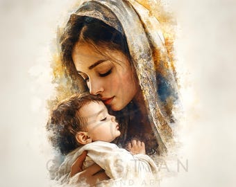Maria und Jesus Kunstwerk, Krippe Weihnachten digitale Malerei, Jungfrau St. Maria und Jesuskind, Inkarnation der Heiligen Familie, katholische Kunst, HLT Kunst