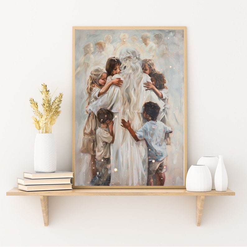 May include: A framed art print depicts a figure in white robes surrounded by children. The children are embracing the figure. The background features other figures in a soft, ethereal style. The artwork is displayed on a wooden shelf with decorative items.