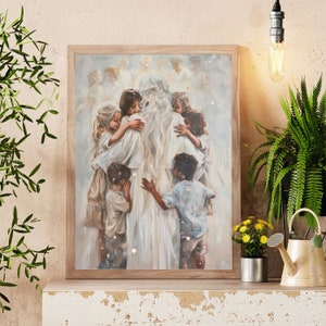 Heavenly Mother - a pictured dedicated to my Latter-day Saint family and friends. This picture shows Heavenly Mother from behind as she embraces her children. Her long white and silver hair hangs down her back, and she wears a beautiful white dress.