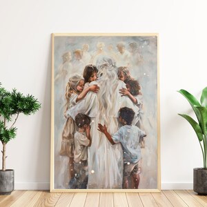 Heavenly Mother - a pictured dedicated to my Latter-day Saint family and friends. This picture shows Heavenly Mother from behind as she embraces her children. Her long white and silver hair hangs down her back, and she wears a beautiful white dress.