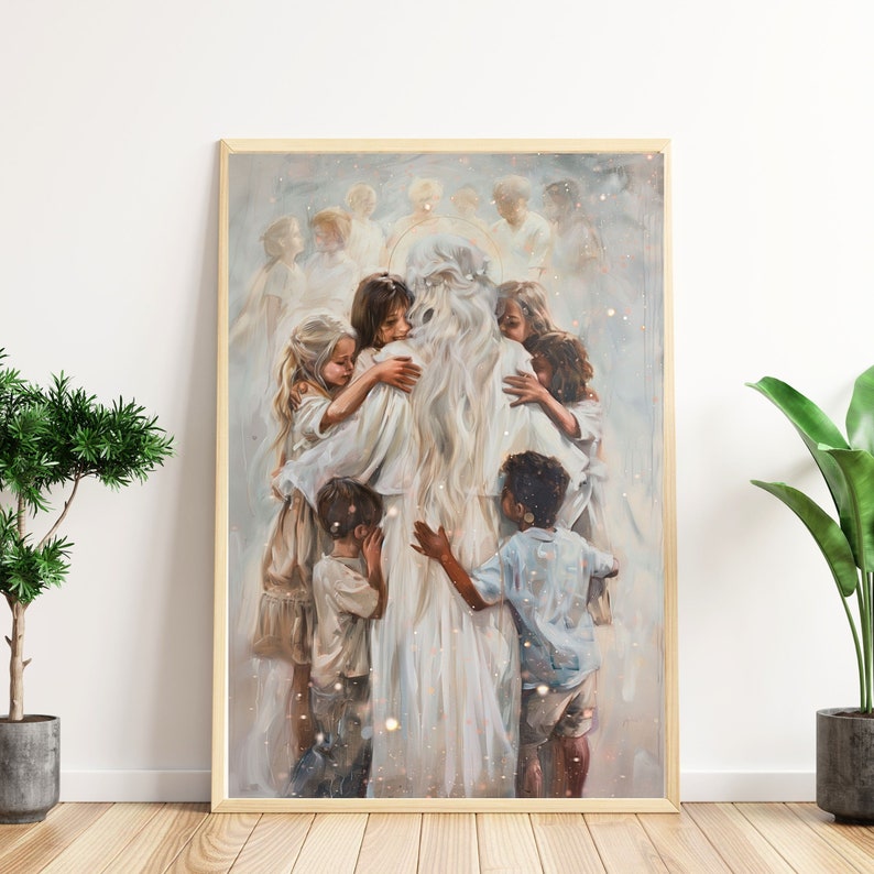 Heavenly Mother - a pictured dedicated to my Latter-day Saint family and friends. This picture shows Heavenly Mother from behind as she embraces her children. Her long white and silver hair hangs down her back, and she wears a beautiful white dress.