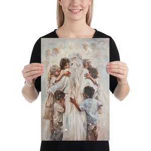 May include: A print featuring a painting of a figure in white robes surrounded by children. The children are embracing the figure. The artwork has a soft, ethereal quality with a light color palette, evoking a sense of peace and comfort.