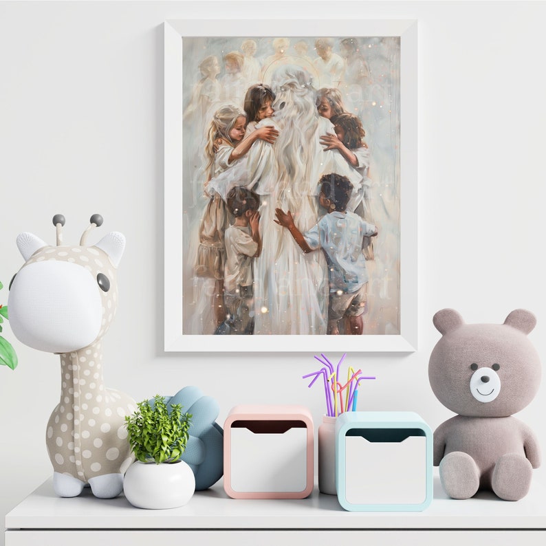 Heavenly Mother - a pictured dedicated to my Latter-day Saint family and friends. This picture shows Heavenly Mother from behind as she embraces her children. Her long white and silver hair hangs down her back, and she wears a beautiful white dress.