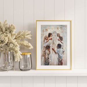May include: A framed print with a gold border depicts a religious scene. The artwork shows a central figure in white robes surrounded by children. The background features ethereal figures and soft, muted colors.