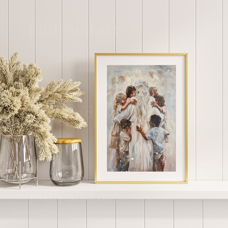 May include: A framed print with a gold border depicts a religious scene. The artwork shows a central figure in white robes surrounded by children. The background features ethereal figures and soft, muted colors.