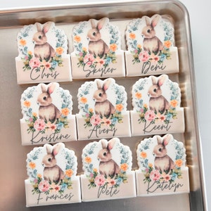 Könnte beinhalten: Neun verzierte Zuckerkekse mit Hasenillustrationen und Blumengirlanden. Jeder Keks hat einen Namen auf einem Banner unter dem Hasen: Chris, Skyler, Demi, Kristine, Avery, Keent, Frances, Pete und Katelyn.