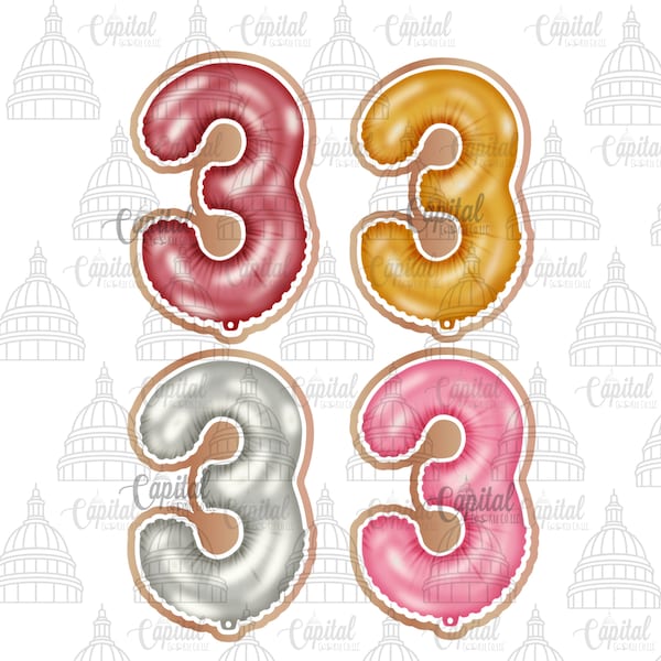 3 Birthday Foil Balloon Cookie Cutter STL and PNG Files (4 sizes, 4 color variations)