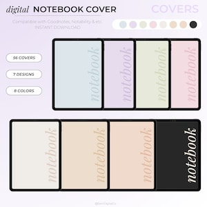 Peut inclure: Un ensemble de 56 couvertures de carnet numérique pour iPad ou tablette. Les couvertures présentent une variété de couleurs et de motifs, notamment le bleu clair, la lavande, le vert, le rose et le noir. Le texte "carnet" est écrit dans une police stylisée sur chaque couverture.