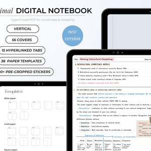 Könnte beinhalten: Ein digitales Notizbuch mit einem blauen und weißen Cover. Das Notizbuch ist auf einer Seite mit dem Titel "Assessing Intercultural Competency" und einer Liste von interkulturellen Kompetenzmodellen geöffnet. Das Notizbuch hat eine vertikale Ausrichtung und verfügt über 56 Cover, 15 verlinkte Registerkarten, 38 Papiervorlagen und über 400 vorgefertigte Sticker.