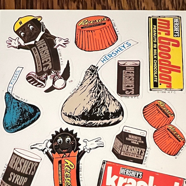 RARE Vintage HERSHEY CANDY Foil Stickers Reese’s Krackel Chocolate Bar Kisses NutRageous Collectible American Greetings Stickers