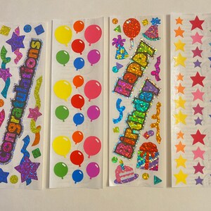 Vintage Sandylion Stickers: Happy Birthday Prismatic, Balloons, Congratulations Sparkle (Rare), Stars