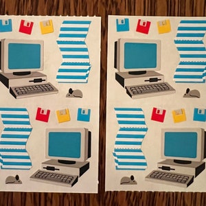 Vintage Mrs Grossman’s Stickers: Computer, Floppy Disk, Perorated Printer Paper, Mouse (Collectible) 4 Modules, 2 Strips