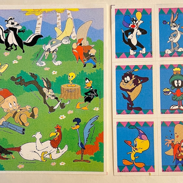 VINTAGE LOONEY TUNES Stickers (1990s) Party and Classic Scenes - Bugs Bunny, Sylvester, Yosemite Sam, Tweety, Pepe Le Pew, Road Runner