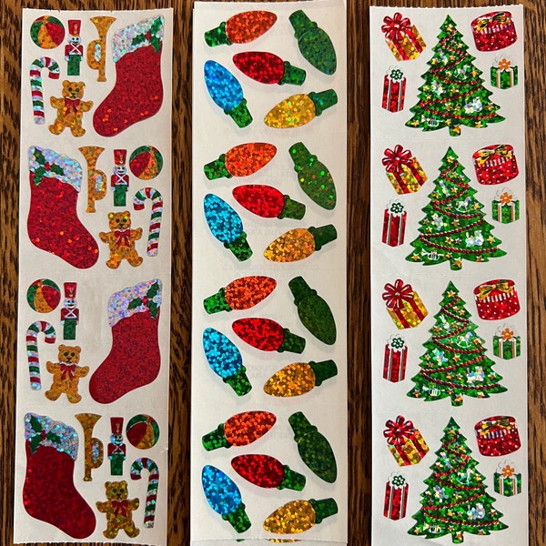 SPARKLE Vintage Hambly CHRISTMAS Stickers - Rare Red X-mas Stocking, Prismatic Tree / Gifts, Holiday Lights *You Choose* -Get 4 Mods 1 sheet