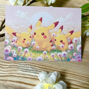 Lindo cartão postal de anime com dentes-de-leão divertidos com rato amarelo, Pikachu, A6