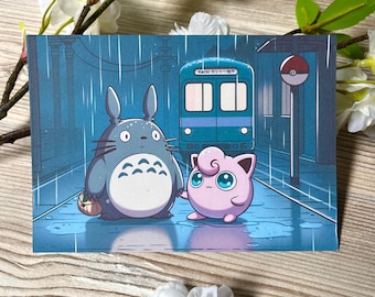 Cute anime postcard Japanese ghost, pink ball, A6