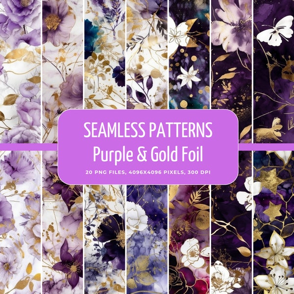 Alcohol Ink Purple Gold Foil Digital Paper - Seamless Textures, Printable Patterns, Scrapbook Paper, Gold Foiled, Commercial Use, 300 DPI