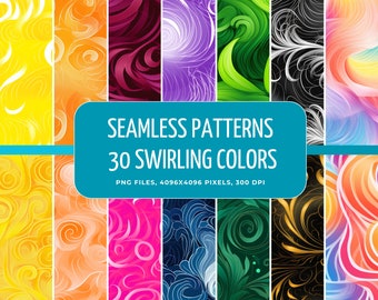 30 Swirl Patterns - Seamless Textures, Printable Patterns, Scrapbook Paper, Various Colors, PNGs For Commercial Use, 300 DPI