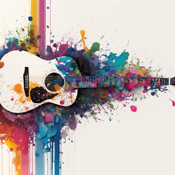 Acoustic Guitar Watercolor Splash, Colorful Wall Art, Commercial Use