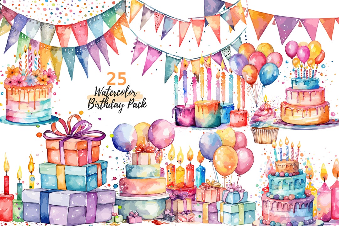 Watercolor Birthday Party Cake Balloons Bundle of 25 PNG - Transparent ...