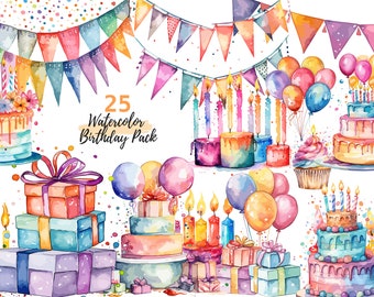 Watercolor Birthday Party Cake  Balloons  Bundle of 25 PNG - Transparent Background Digital Download  Graphics - Commercial Use
