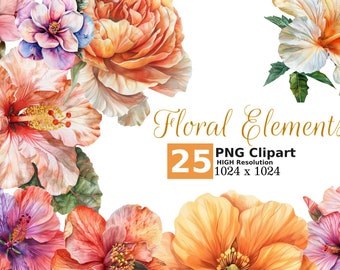 Watercolor  Flower  Bundle of 25 PNG - Transparent Background Digital Download  Graphics - Commercial Use