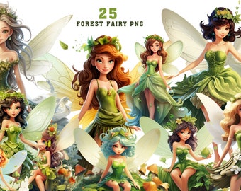 Forest Fairy Cartoon Style Bundle of 25 PNG - Transparent Background Digital Download  Graphics - Commercial Use