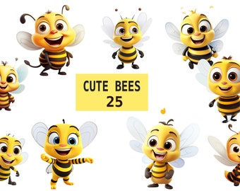 Cute Bees of 25 PNG - Transparent Background Digital Download  Graphics - Commercial Use