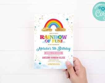 Rainbow Birthday Design Invitation  5 x 7 Editable Digital Template Download