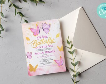 Pink Butterfly Baby Shower Design Invitation  Editable Digital Template Download