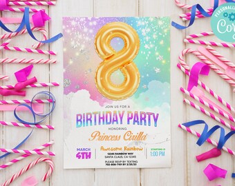 8 Birthday Party  theme  Design  Invitation  5 x 7 Editable Digital Template Download