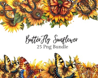 Butterfly and Sunflower Party Bundle - 25 PNG Graphics for Digital Download with Transparent Background - Perfect for Commercial Use!