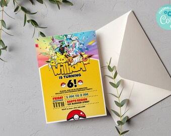 Pokemon Ball Yellow Style Party Birthday theme  Design  Invitation  5 x 7 Editable Digital Template Download