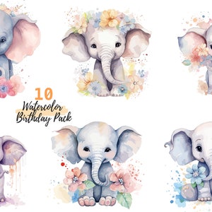 Watercolor Baby Flower Elephants Bundle of 10 PNG - Transparent Background Digital Download  Graphics - Commercial Use