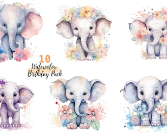 Watercolor Baby Flower Elephants Bundle of 10 PNG - Transparent Background Digital Download  Graphics - Commercial Use