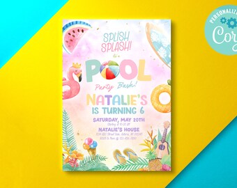 Summer Pool  Birthday Design Invitation  5 x 7 Editable Digital Template Download