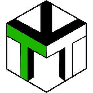May include: A geometric logo featuring a three-dimensional cube design. The cube is composed of white, black, and green sections, with the letter "T" and "M" incorporated into the design. The logo has a modern and minimalist aesthetic.