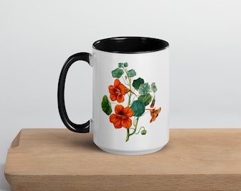 Vintage Nasturtium Botanical Mug – Cottagecore Coffee Cup, White Mug with Black Handle, Floral Garden Gift