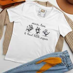 Quiet Piggy Political Women's V-Neck Tee - "Peace Love & Loud Little Piggies" Tee • Bold Feminist Anti-Trump Shirt • Women’s Rights T-Shirt