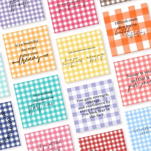 May include: A collection of square cards with gingham patterns in various colors, each featuring inspirational quotes in elegant script. The cards' colors include pink, orange, yellow, blue, and purple. The text on the cards includes phrases like "It's a beautiful day to go after your dreams."