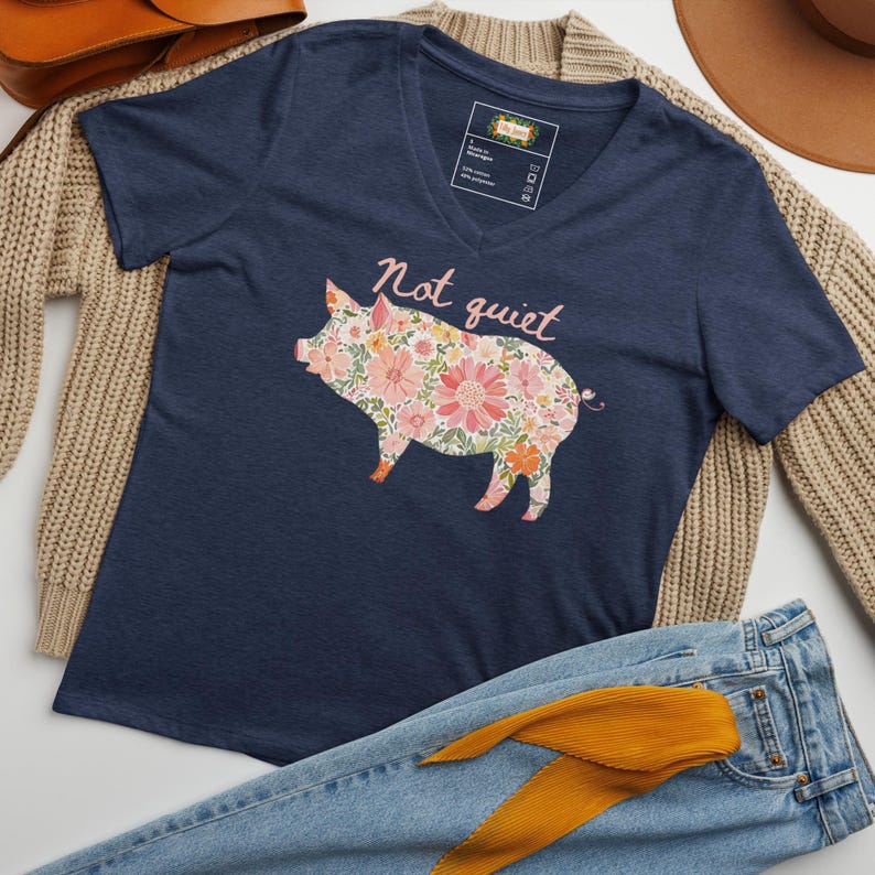 NOT QUIET Piggy Women's V-Neck Tee • Sassy Feminist Anti-Trump Shirt • Bold Floral Pig Protest Top for Outspoken Women